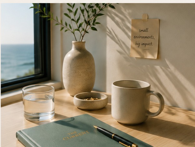 A sunlit workspace illustrating environmental cues and behavioral design.