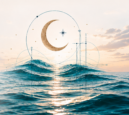 Moon, blueprint geometry, and teal ocean waves